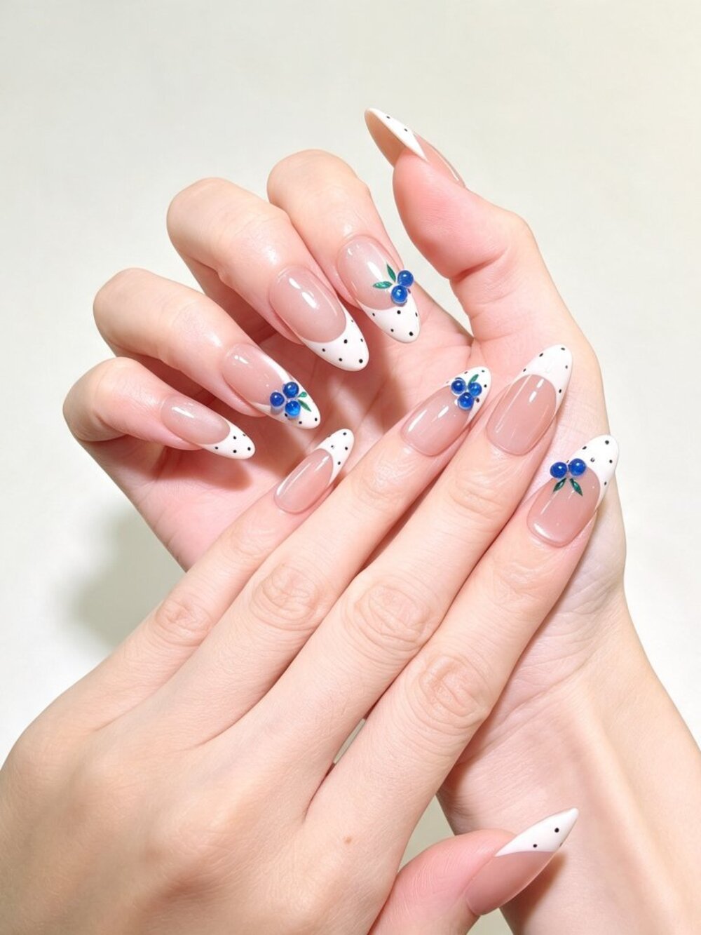 Pink Cat Eye White French Tip Almond Press On Nails 3D Blueberries & Polka Dots